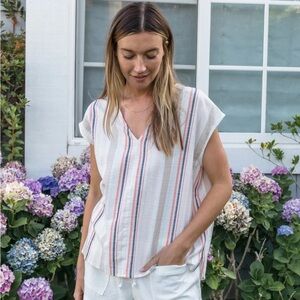 NWT V-Neck Stripe Linen Cap Sleeve Top